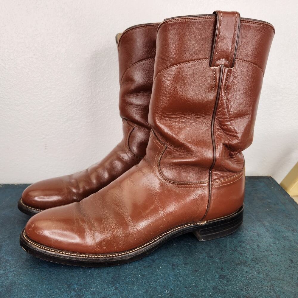 Justin Boots Classic Roper Brown Leather Western Boots Men's 9.5 D Style#3003